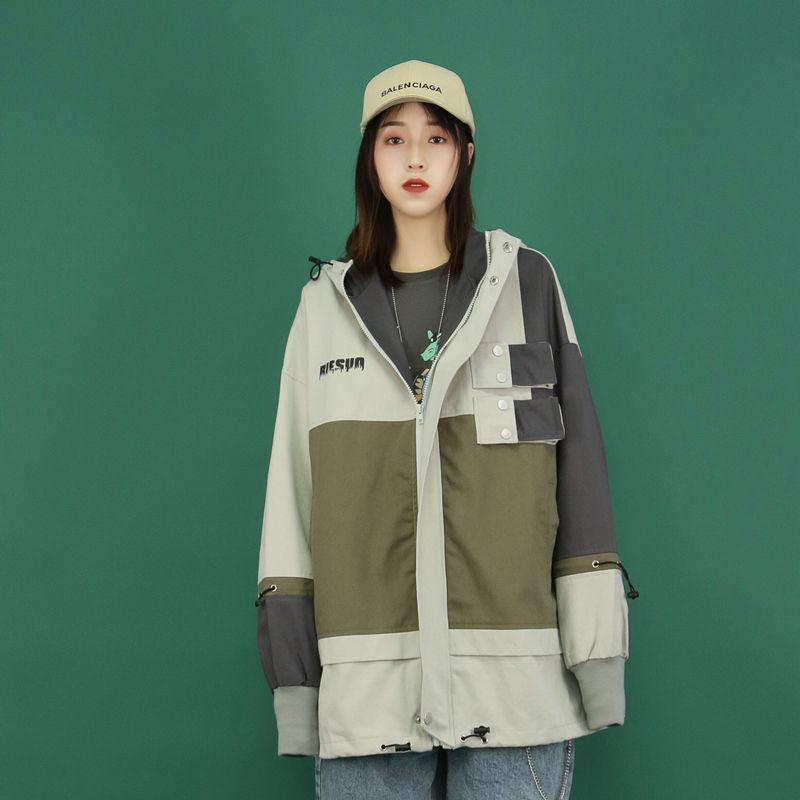 Women's Plus Size Hooded New Loose Colorblock Jacket - amazitshop