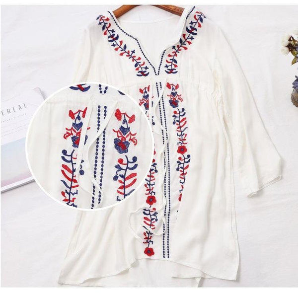 White Embroidered Long Sleeve Beachwear Cover Up Boho Dress - amazitshop
