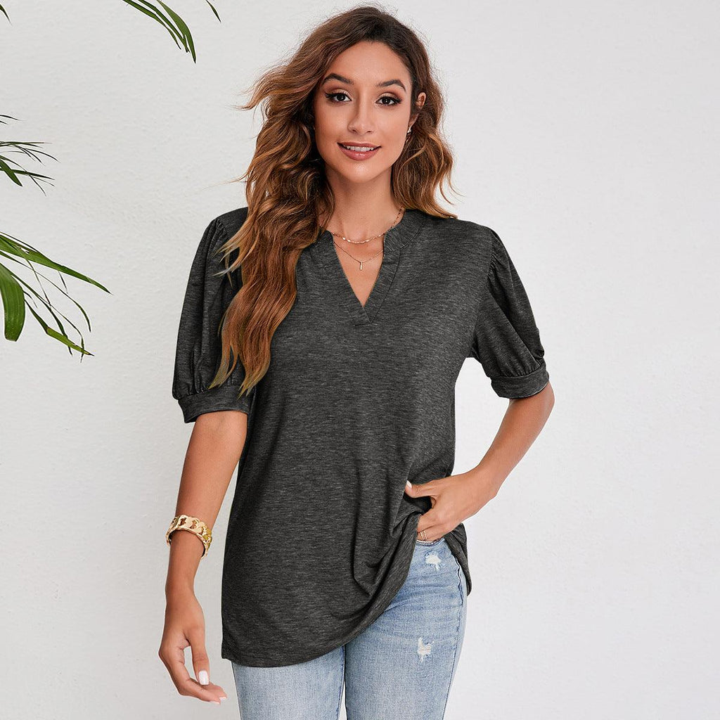 Women's Pleated Puff Sleeve Tops Summer V Neck T Shirts Casual Loose Blouses - amazitshop