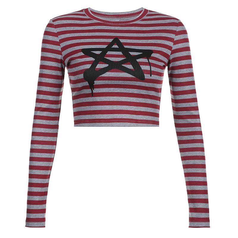 Crewneck Striped Pentagram Slim Fashion Long-sleeved T shirt - amazitshop