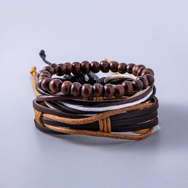 Vintage Multilayer Leather Adjustable Bracelets For Women Men Wooden Beaded Bracelet Ethnic Wrap Bracelets - amazitshop