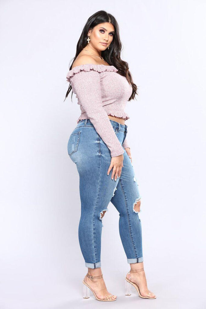 Stretch denim hole high waist ladies jeans - amazitshop