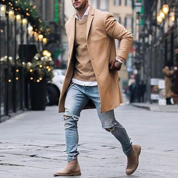 Fashion Winter Men's Trench Long Jackets Coats Overcoat Classic Jackets Solid Slim Fit Outwear Hombre Men Clothes Khaki Black - amazitshop