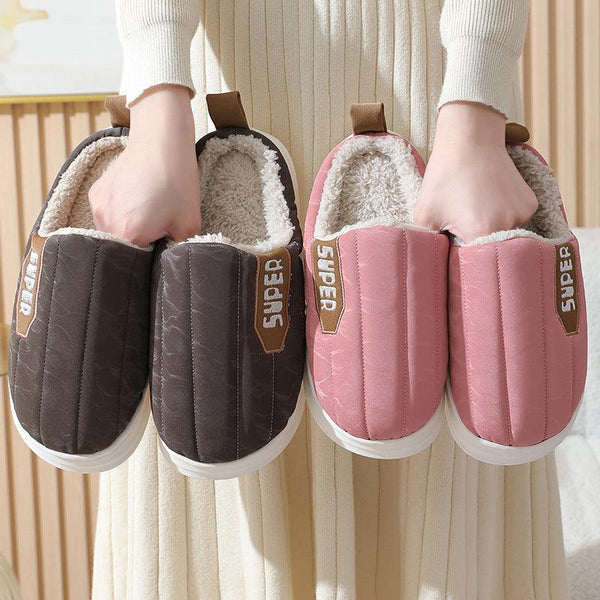 Striped Home Slippers Waterproof Thick-soled Non-slip Indoor Warm Plush Slippers Women Floor House Shoes Men Couple Autumn And Winter - amazitshop
