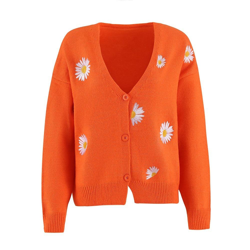 Women's Single Breasted Sweater Chrysanthemum Embroidered Cardigans Coat Clothes - amazitshop