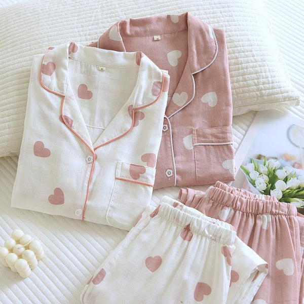 Women's Cotton Double-layer Gauze Love Lapel Pajamas Suit - amazitshop