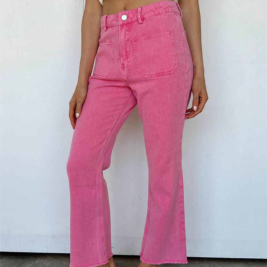 Frayed Hem Bell-bottom Trousers Casual High Waist Jeans - amazitshop