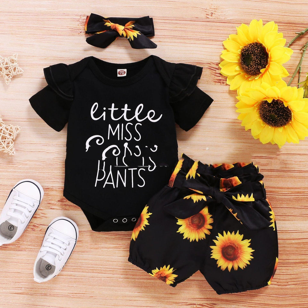 Baby Short-sleeved Letter Print Tops Shorts Hairband Three Pieces Set - amazitshop