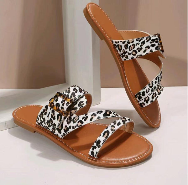 Leopard Print Slippers Summer Flat Sandals For Women Beach Shoes - amazitshop