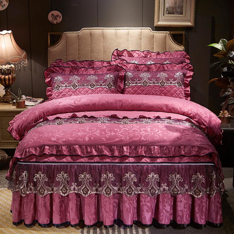 New Velvet Bed Skirt Four-piece Quilted Padded Bed Cover Bedspread - amazitshop