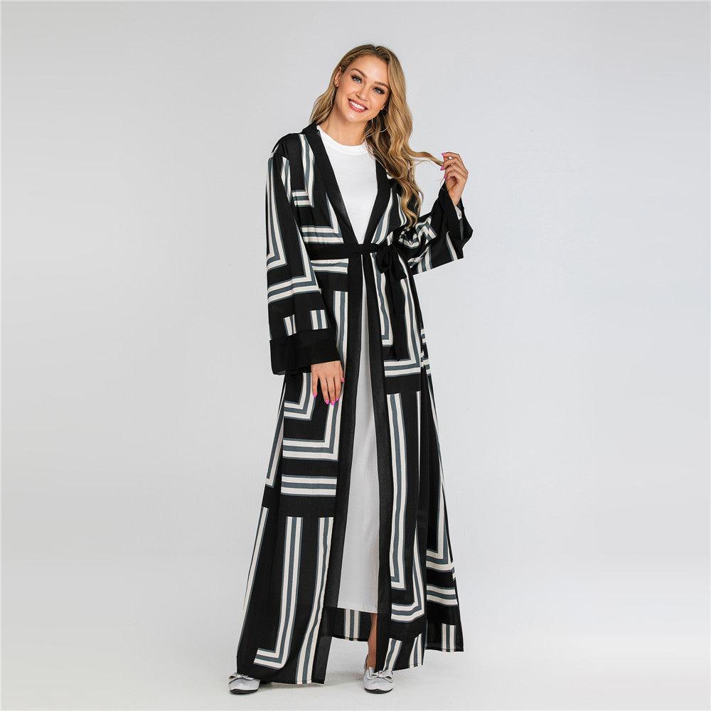Striped Loose Lace Up Cardigan Robe Women - amazitshop