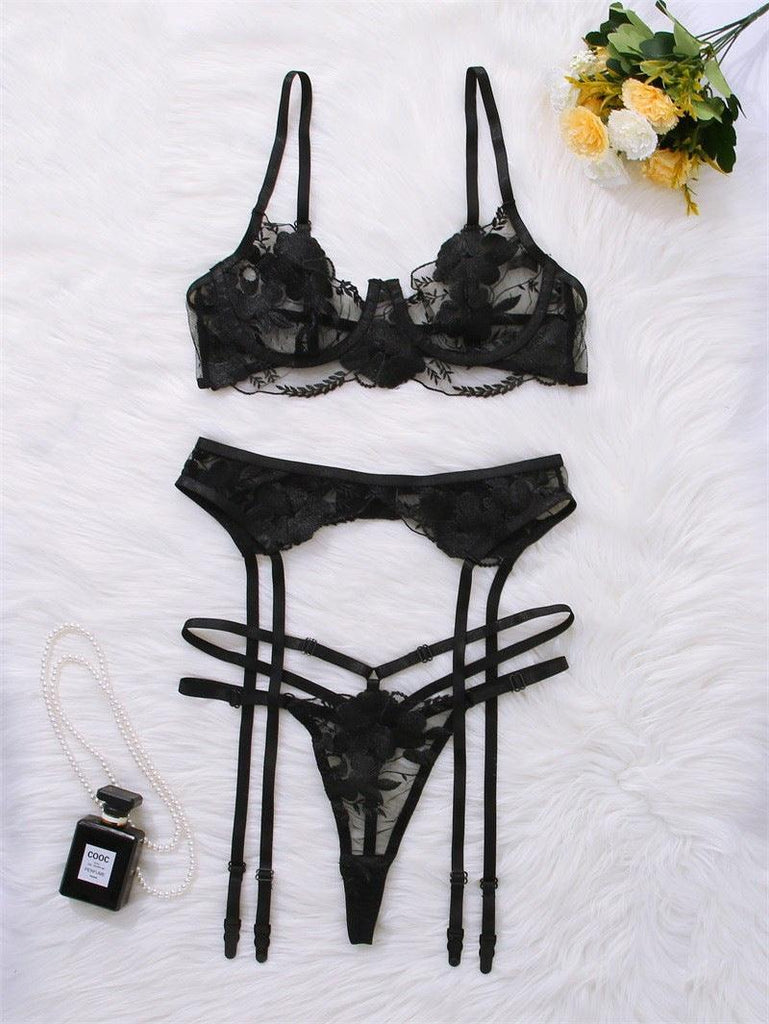 New Embroidered Sexy Lingerie Suit Three-piece Set With Steel Ring - amazitshop