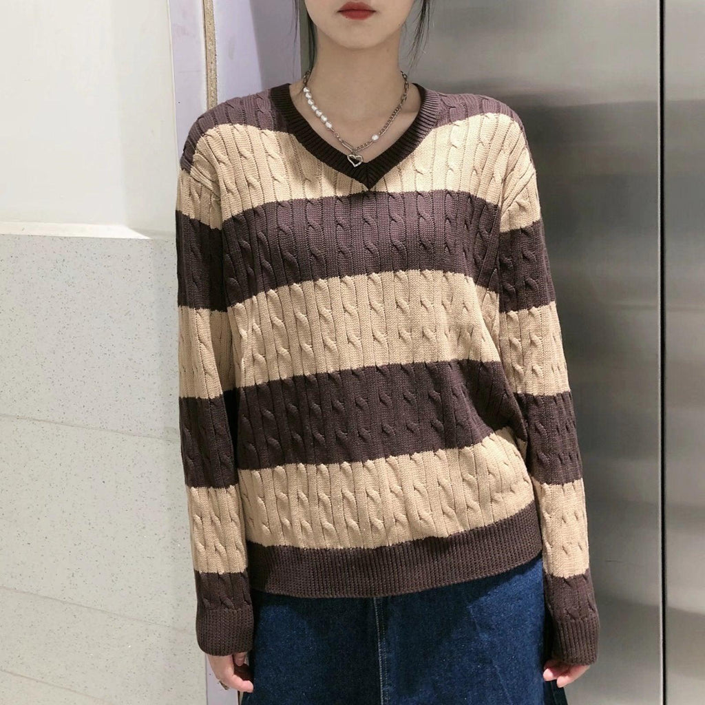 European And American Striped Cable-knit Sweater V-neck Loose Sweater For Women - amazitshop