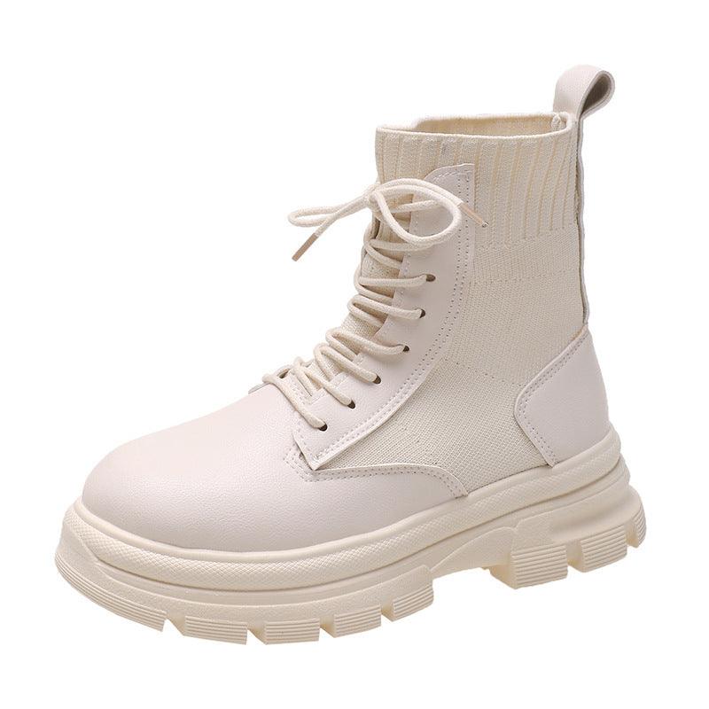 British Style Round Head Lace-up Knitted Mouth Casual Martin Boots Women - amazitshop