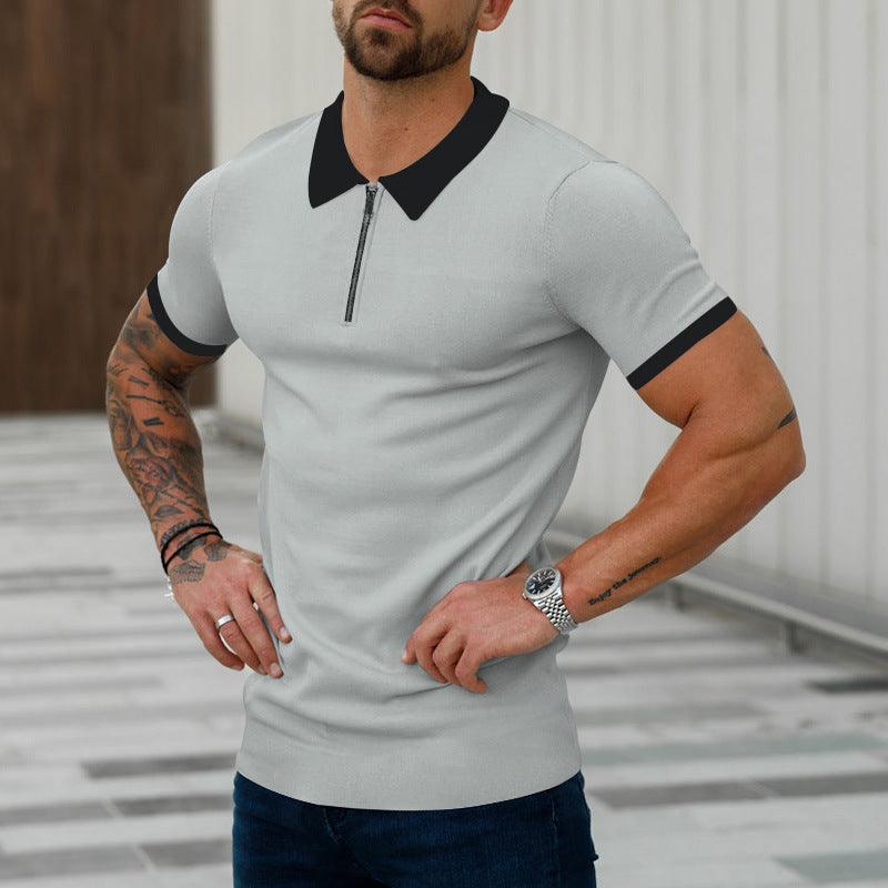 Men's Fashion Casual Patchwork Contrast Color Polo Shirt Short Sleeve - amazitshop