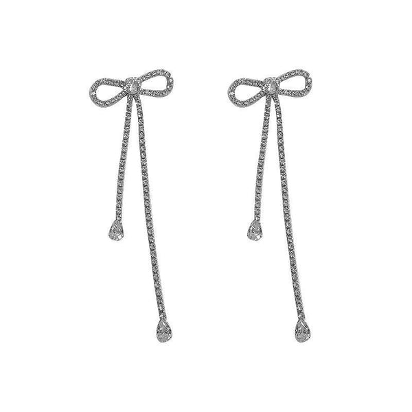 Fashion Jewelry Silver Needle Long Bow Tie Full-jeweled Stud Earrings For Women - amazitshop