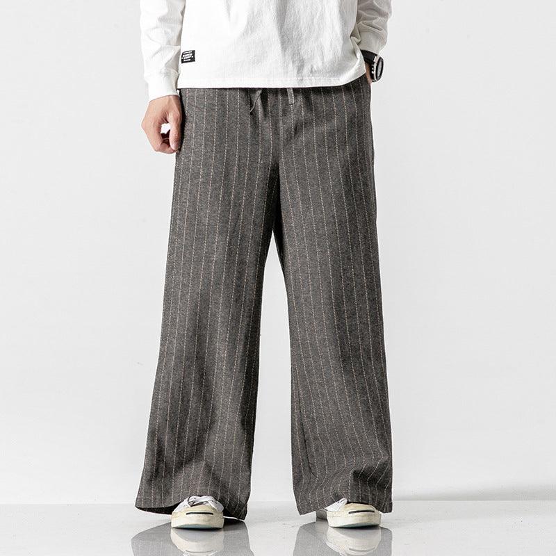 Straight-leg Pants Linen Striped Pants Harem Wide-leg Pants Casual Cotton Linen Pants Men - amazitshop