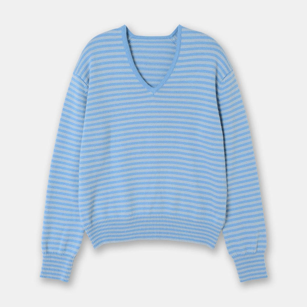 Drop-shoulder Sleeve Thin Woolen Sweater Ultra-fine Mernu Wool V-neck Striped Knitted Top - amazitshop