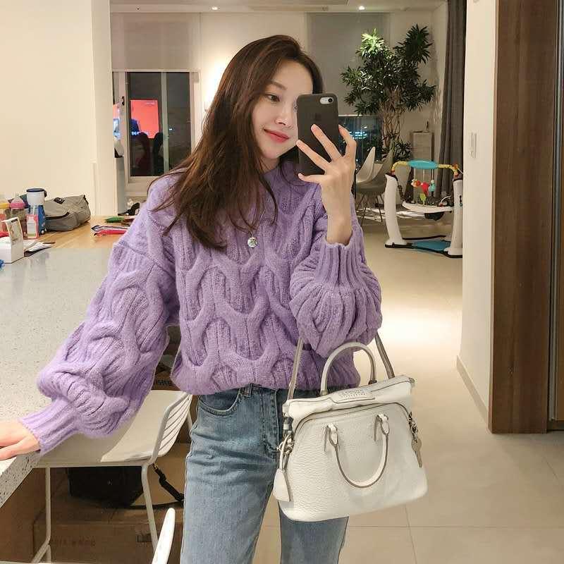 Women's Loose Round Neck Cable-knit Sweater - amazitshop