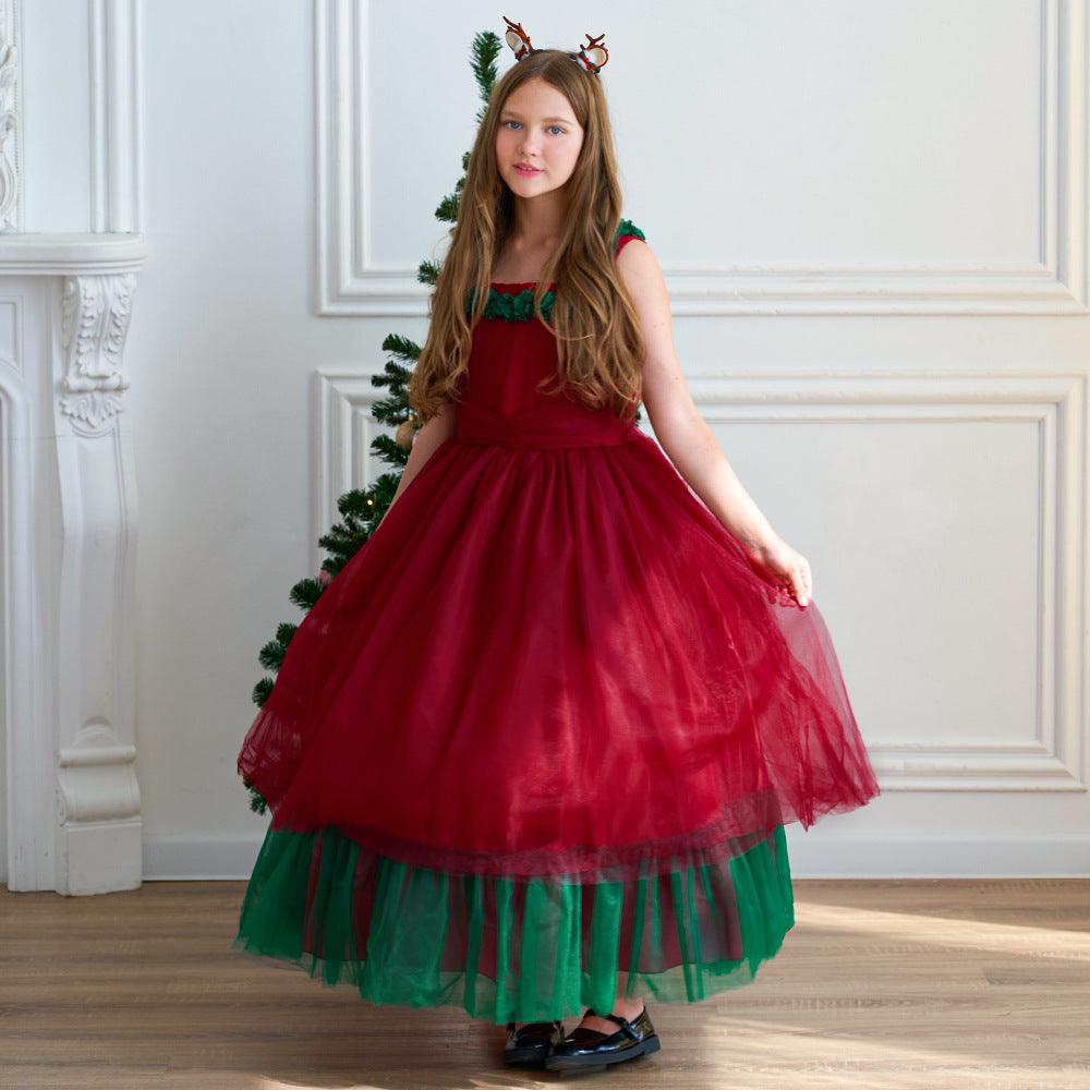 Girls' Fashionable Simple Red And Green Christmas Dress Puffy Wedding Dress - amazitshop