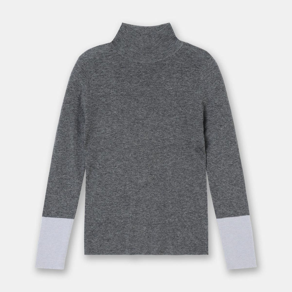 Women's Contrasting Color Cuff Wool Base Shirt Slim Stretch Sweater - amazitshop