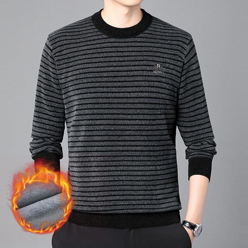 Men's Fashion Velvet Padded Thick Round Neck Striped Sweater - amazitshop