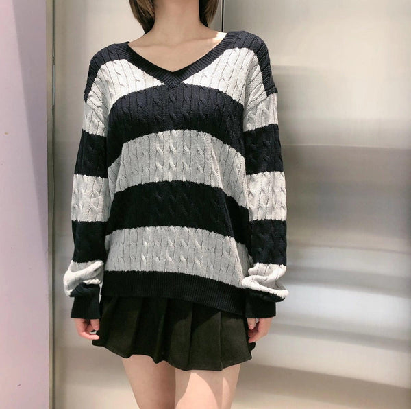European And American Striped Cable-knit Sweater V-neck Loose Sweater For Women - amazitshop