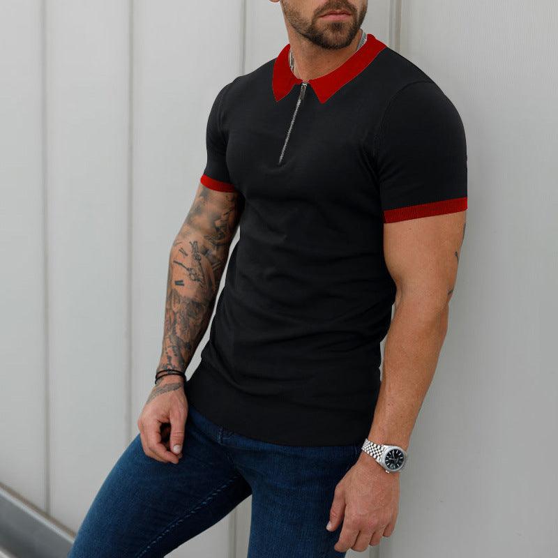 Men's Fashion Casual Patchwork Contrast Color Polo Shirt Short Sleeve - amazitshop