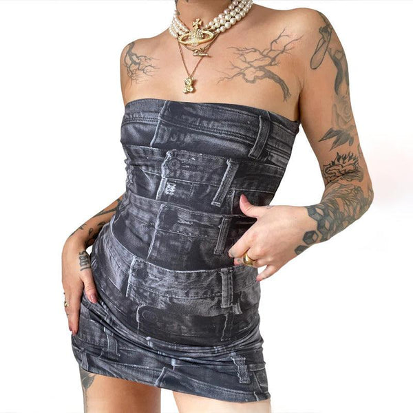 Women's Fashion Printed Slim Fit Tube Top Package Hip Dress - amazitshop