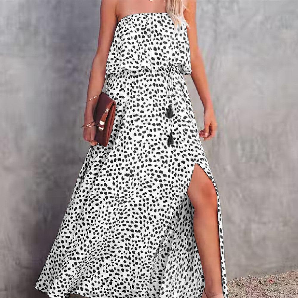 Leopard Print Floral-print Off-shoulder Ruffled Slit Dress - amazitshop