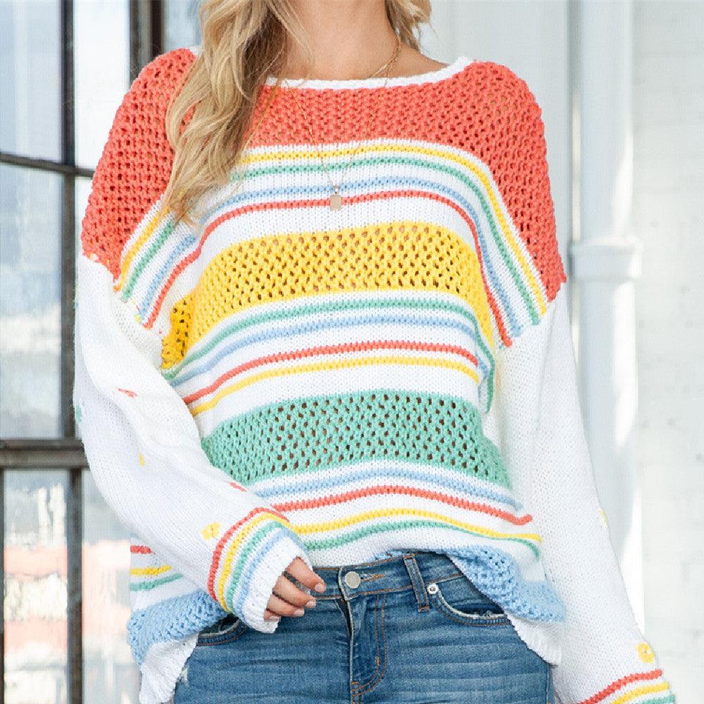 European And American Leisure Idle Style Colorized Sweater Women's Mixed Color Stripe Pullover Women - amazitshop