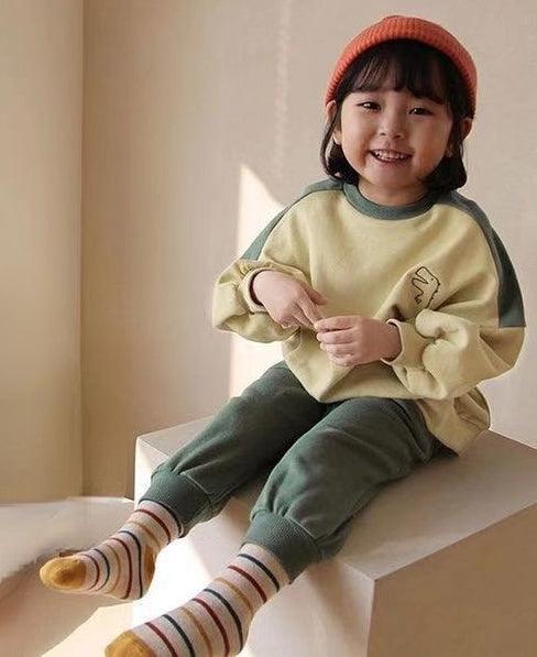 Contrast Color Long Sleeve Boys And Girls Embroidered Animal Sweatshirts Two-Piece Set - amazitshop