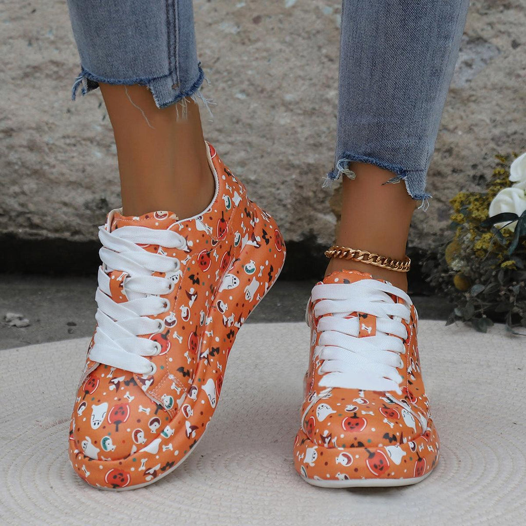 Halloween Cartoon Print Flats Fashion Graffiti Flats Shoes Platform Lace-up Round Toe Sports Shoes - amazitshop