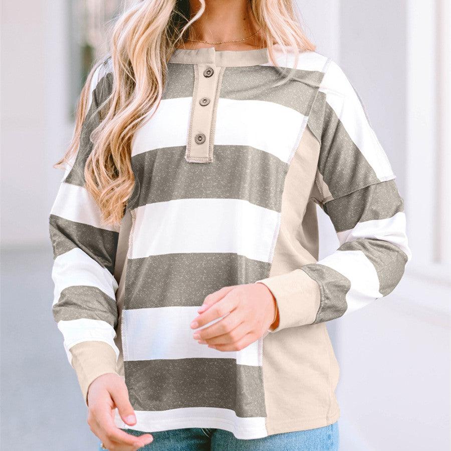 Colored Pullover Loose Casual Striped Printed Long Sleeves Women