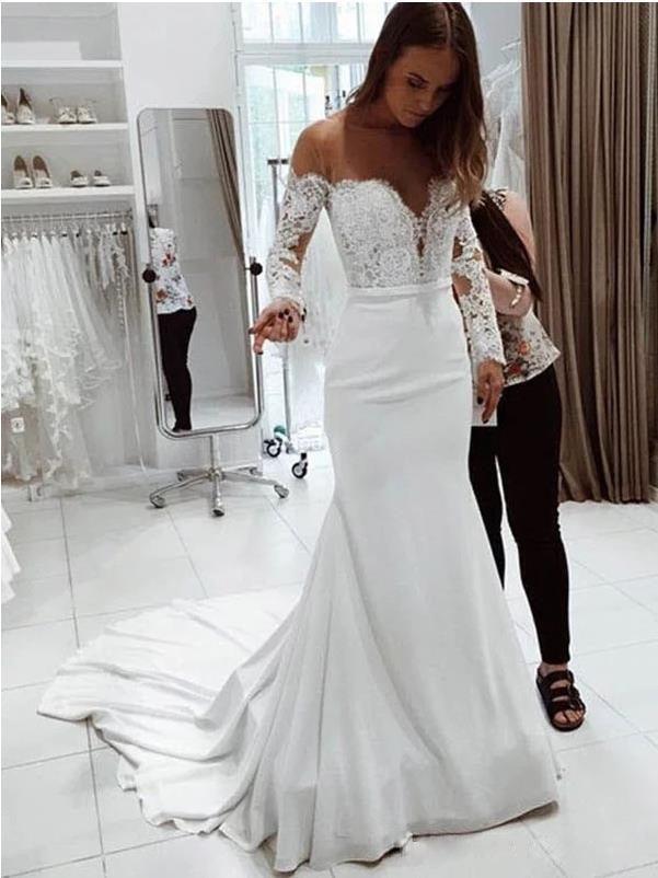 Fashion One Shoulder Lace Long Sleeve Dress Mopping Wedding Dress - amazitshop