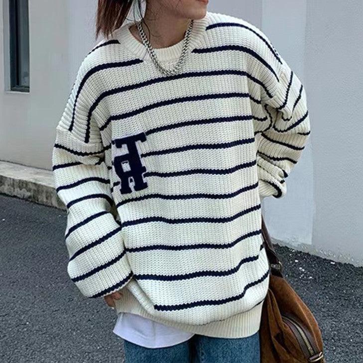 New Retro Japanese Striped Letters Loose Pullover Outerwear Long-sleeved Tops - amazitshop