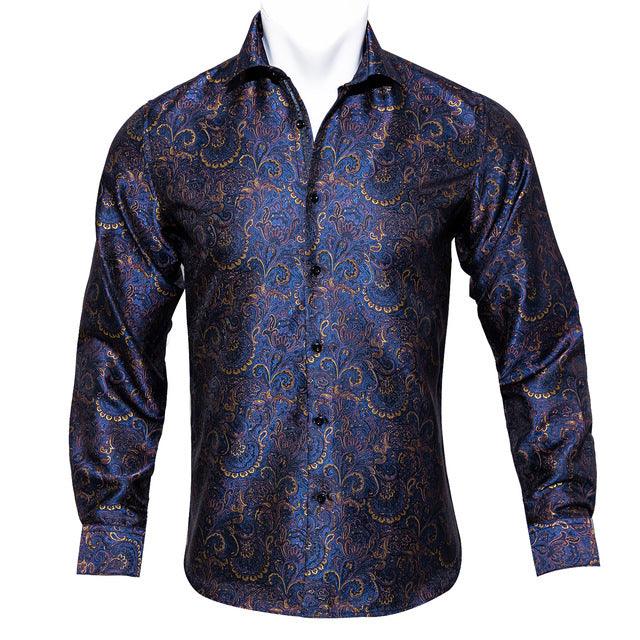 Barry.Wang Teal Paisley Floral Silk Shirts Men Autumn Long Sleeve Casual Flower Shirts For Men Designer Fit Dress Shirt BCY-05 - amazitshop