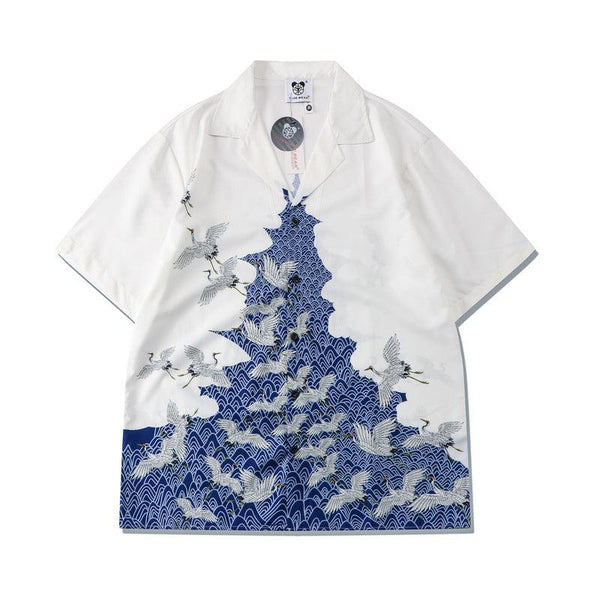 Digital Printed Crane Blue And White Loose Short Sleeve Shirt - amazitshop