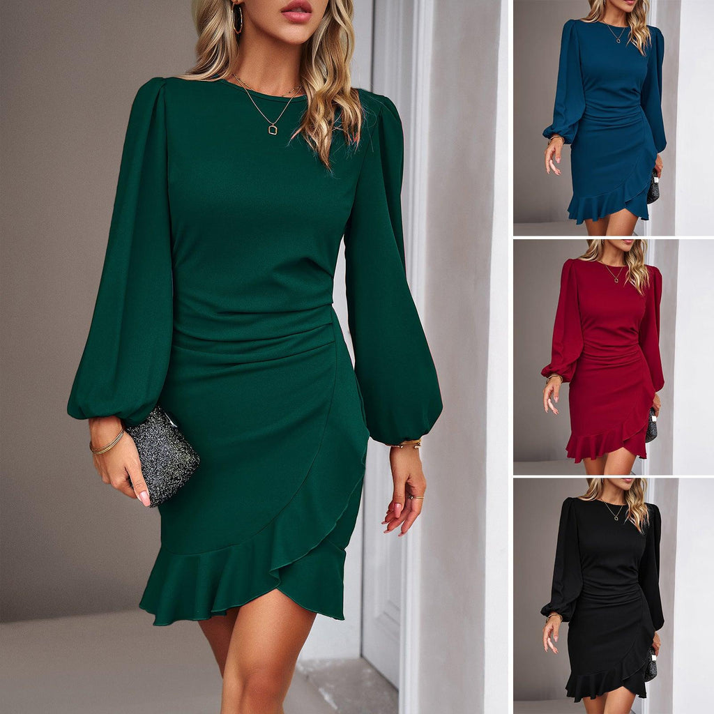 Women's Puff Long Sleeve Fashion Graceful Solid Color Slim Hip-covering Short Dress Womens Clothing - amazitshop