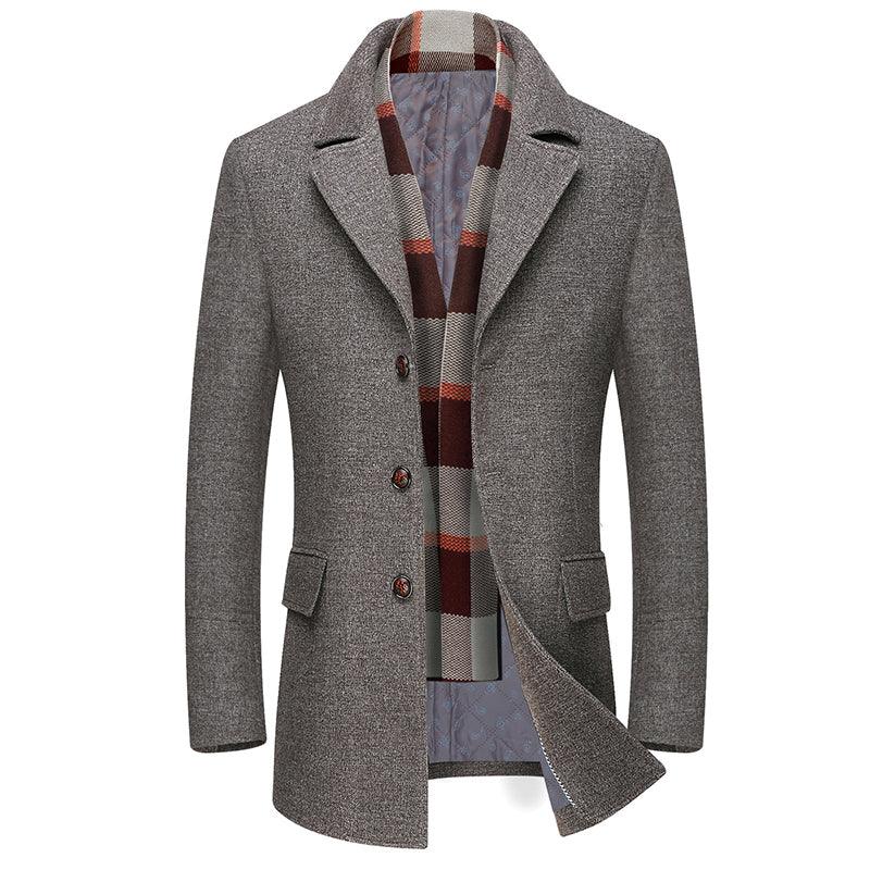 Winter Thick Men Wool Jackets Scarf Detachable Collar Fit Men Overcoats - amazitshop