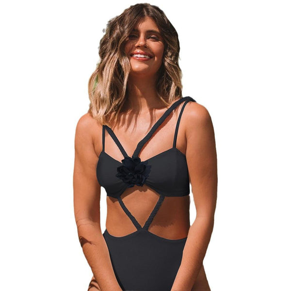 Lace-up Tube Top High Waist Pure Color One-piece Swimsuit For Women - amazitshop