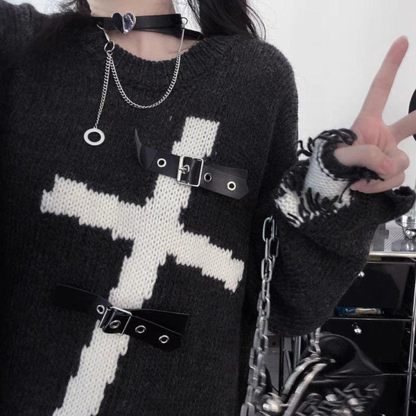 Asian Culture Punk Dark Cross Loose Sweater - amazitshop