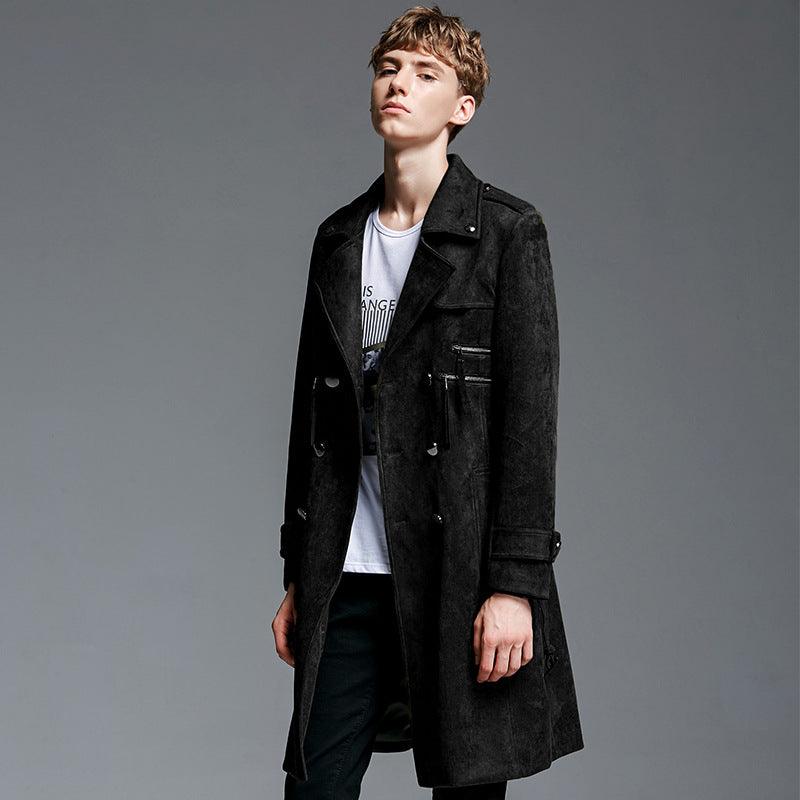 Double Breasted Suede Trench Coat For Men Mid-length Coat Plus Size - amazitshop