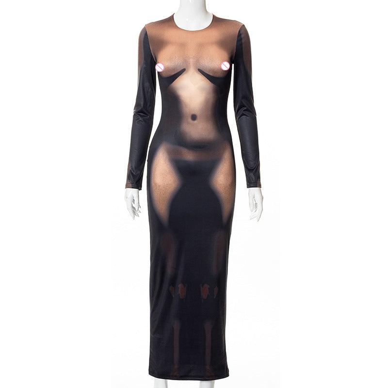 Women's New Round Neck Long Sleeve Sexy Body Print Long Dress - amazitshop