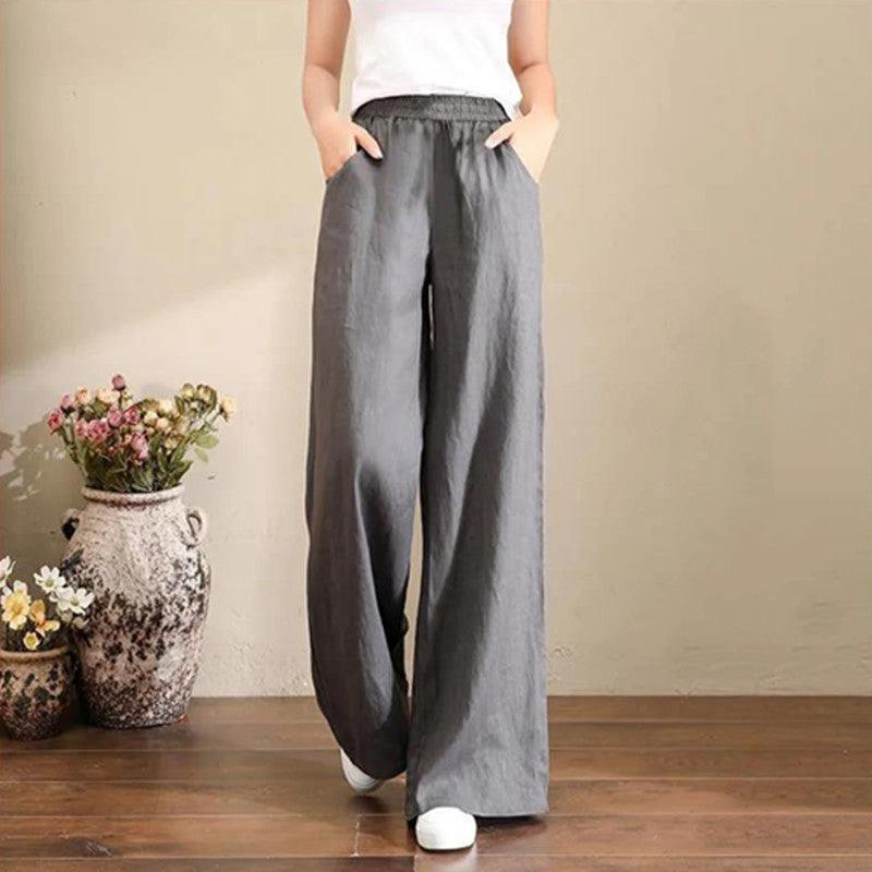 Pure Linen Plus Size Wide Leg Pants Women Drawstring Elastic - amazitshop