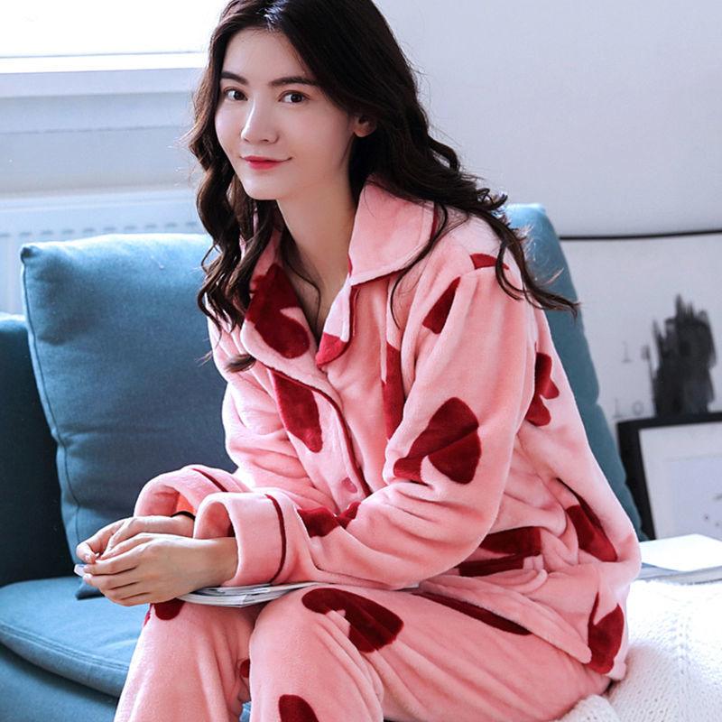 Thickened Flannel Pajamas Ladies Long Sleeve Warm Homewear Set - amazitshop