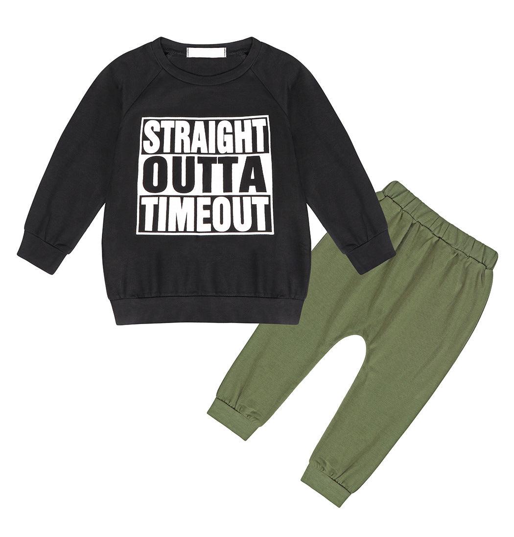 Autumn Boy Letter Print Sweatshirt Army Green Trousers Suit - Amazitshop