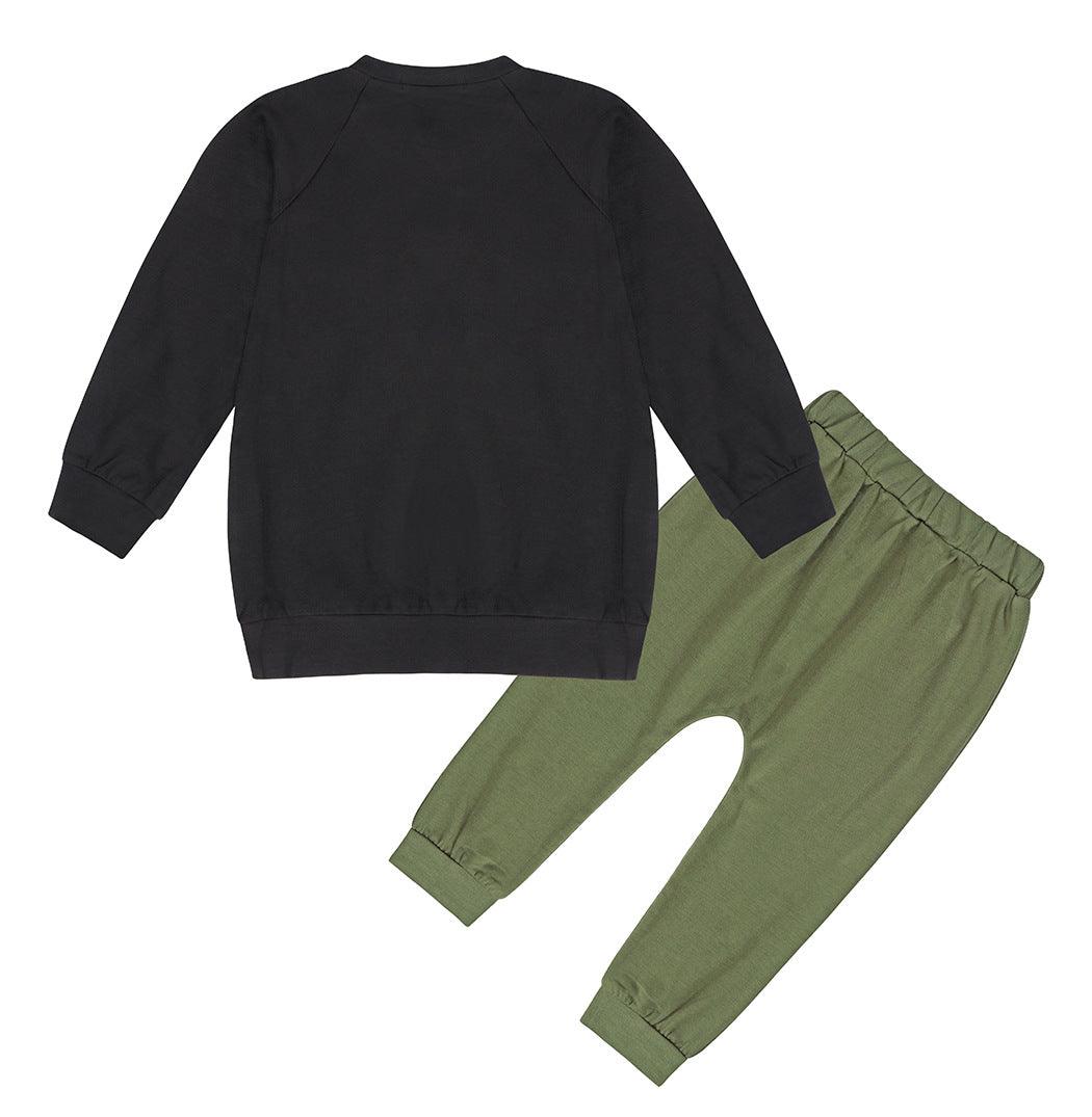 Autumn Boy Letter Print Sweatshirt Army Green Trousers Suit - Amazitshop