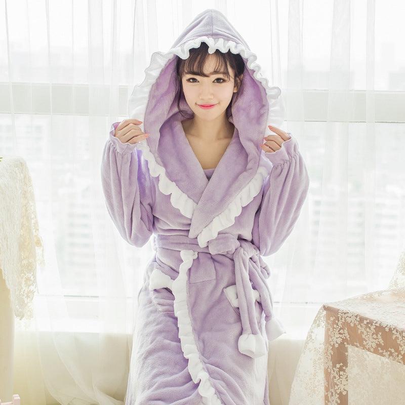 Cute Padded Flannel Nightgown Women Lace - amazitshop