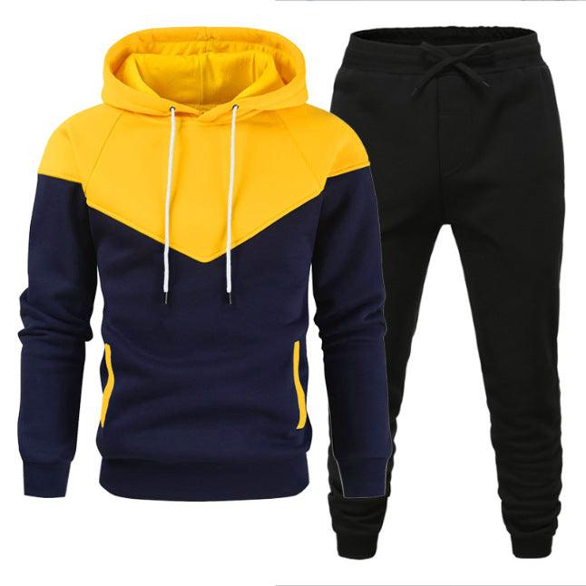 Men's Fleece-lined Sweater Suit Teenagers Fashion Casual Exercise Stitching Contrast Color - amazitshop